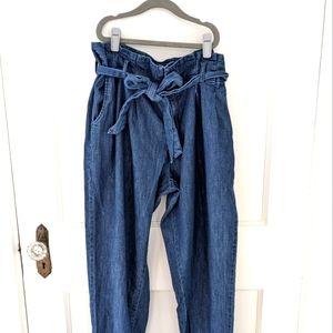 D. Jeans pleated jeans paper bag style with belt 100% cotton